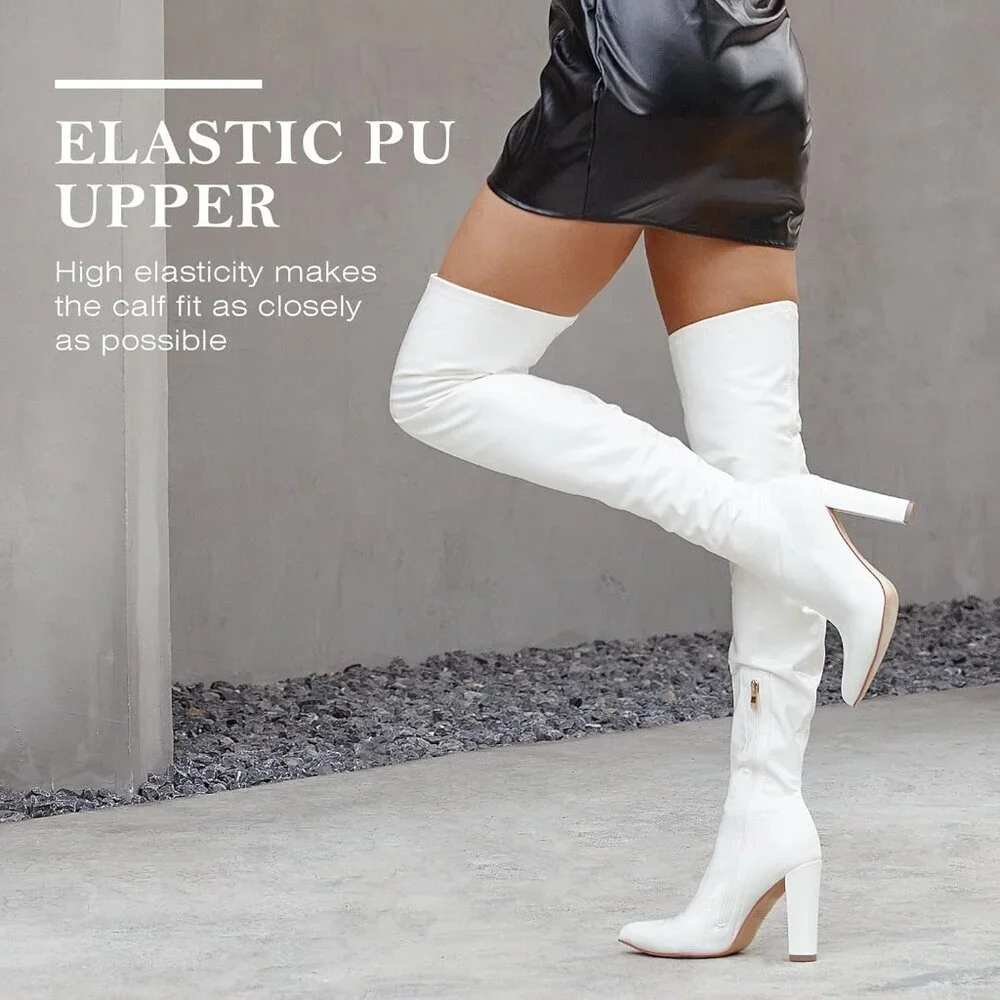 Women White Patent Leather PU Over The Knee High Pointed Toe Long Tall Boots